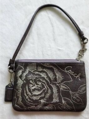 Coach Hematite Grey Floral script Wristlet Pouch RARE - EUC serial #43785